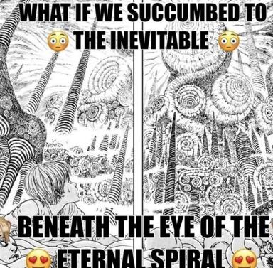 Existential surrender rendered as surreal biomechanical mirror—two profiles gaze toward spiraling geometries, framed by bewildered and lovestruck emoji.