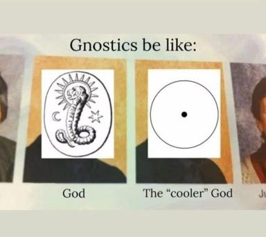 Gnostic cosmology vs. the austere divine: ornate esoteric symbolism paired with radical minimalism in a two-panel theological joke.
