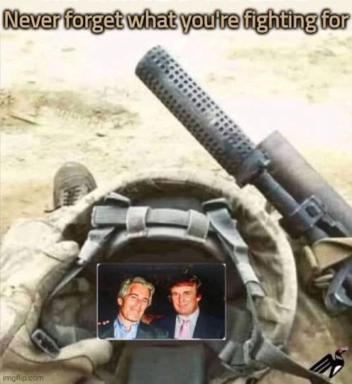 Military sniper with mounted scope; the scope's display shows two men in formal attire—a meme on accountability and targeting corruption through documentation and surveillance.