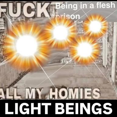 Urban dystopia meets New Age mysticism—starburst light beings transcending prison flesh in a deadpan cosmic joke.