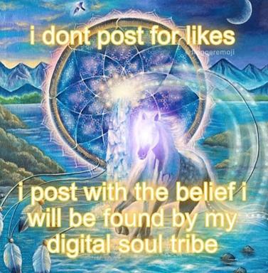 A glowing spiritual figure emerges from a celestial portal in a luminous mountain landscape, paired with text about authentic posting for one's "digital soul tribe."