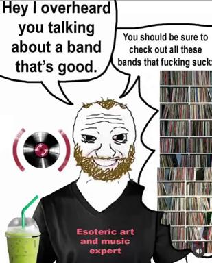 A bearded, gold-accented caricature dismisses popular music recommendations with the confidence of an "esoteric art and music expert," surrounded by vinyl, a green smoothie, and a towering CD collection.