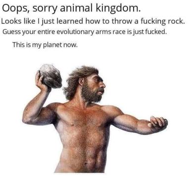 A jaded prehistoric human declares planetary conquest after discovering projectile weapons; existential threat played for absurdist comedy.
