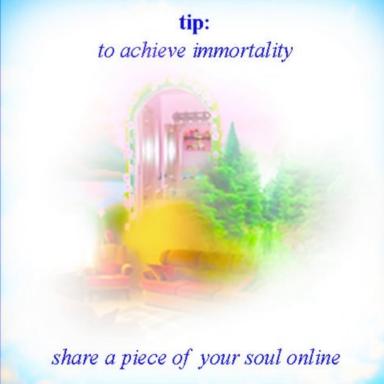 A soft-focus surreal cottage nestled among dreamlike pastels and nature, captioned with ironic advice on digital immortality via oversharing.