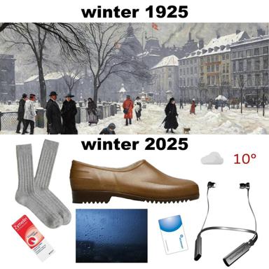 Winter a century apart: 1925 Moscow crowds in deep snow versus 2025's heated indoors, lip balm, and earbuds at 10°C.