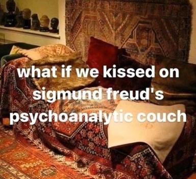 Absurdist "what if" meme: a cosy vintage interior meets psychoanalytic intrusion, deadpan theory-humor