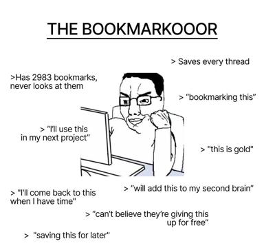 An obsessive internet user surrounded by labels of their compulsive bookmarking habits — the digital hoarder archetype distilled into one crude sketch.