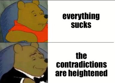 Winnie the Pooh shifts from despair over chaos to acceptance once he grasps the logic beneath it.