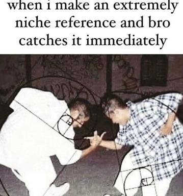 A reaction-image meme about the satisfaction of niche-reference humor being immediately understood by the right person — two cartoon figures lean toward each other in conspiratorial recognition.