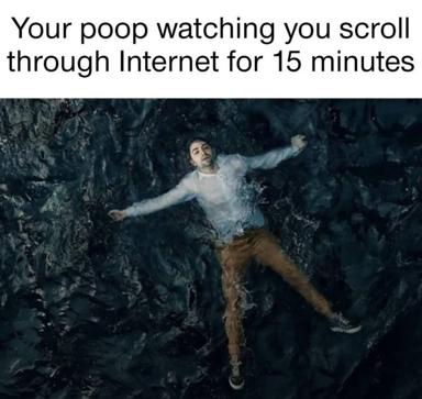 A film still redacted as a relatable meme: person spreads arms in exasperation, suspended in dark water, captioned on the helpless moment of being caught scrolling for 15 minutes.
