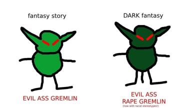 Two-panel meme comparing the escalation of evil in fantasy vs dark fantasy: cheerful gremlin left, menacing one right with added depravity.