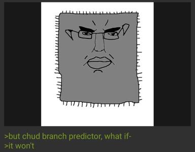 A skeptical programmer's face rendered as a wojak on a quilted surface, captioned with anxious git-branch-prediction wisdom in green terminal text.