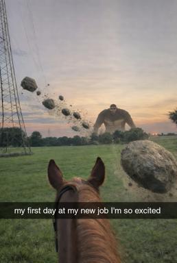 A horse witnesses kaiju destruction on its first day at a new job — a dark comedy meme juxtaposing casual optimism with apocalyptic horror.