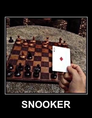 A hand plays an Ace of Diamonds as if it were a chess move on a wooden board; the caption "SNOOKER" adds a third sport, creating an absurdist mashup of incompatible games.
