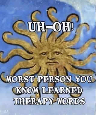 A golden gorgon-faced sun creature with writhing tentacle hair learns therapy language and immediately regrets it.