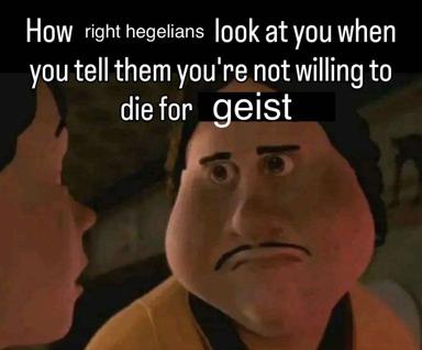A reaction-image meme featuring an exaggerated disapproving stare, commenting on how right-Hegelians react when told you won't die for their ideology—mixing philosophy jargon with absurd earnestness.