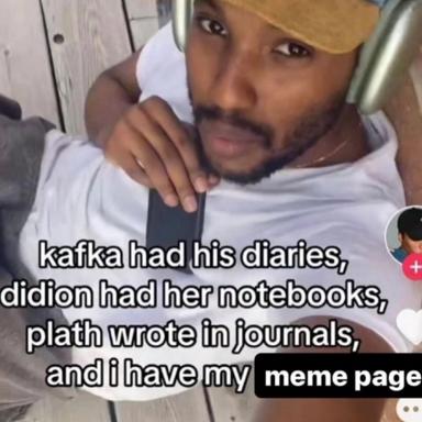 Man in gold visor compares literary output formats: diaries, notebooks, journals—versus his meme page. A self-deprecating reaction to writers' serious documentation habits.