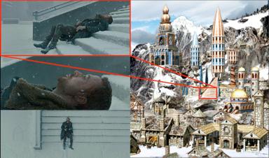 Character's despair mapped onto a mythological landscape: four-panel visual metaphor connecting film noir suffering to ornate religious architecture in snow.