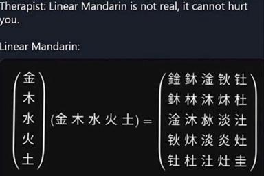A therapist tells Linear Mandarin it isn't real, but Linear Mandarin responds by deconstructing the very characters used against it into their radical components—making the argument both recursive and impossible to dismiss.