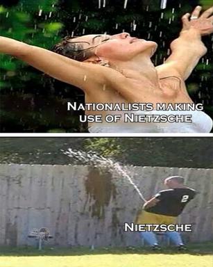 A two-panel meme comparing nationalists' misappropriation of Nietzsche's philosophy with the philosopher himself — juxtaposing blissful celebration against darker reality.