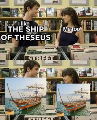 Two-panel bait-and-switch: philosophy debate in a library swaps to literal identical ships.