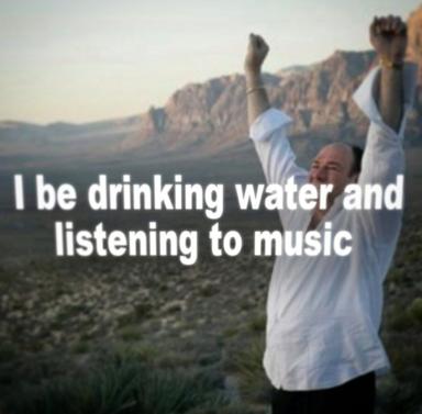 Man at mountain overlook raising his arm in triumph while "drinking water and listening to music"—a meme about finding peace in life's simplest pleasures.