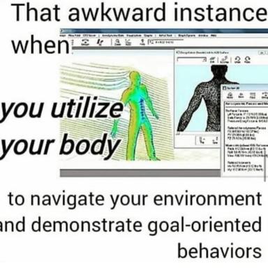 Deadpan tech meme mocking corporate jargon applied to basic human movement via 3D body-modeling software screenshots.