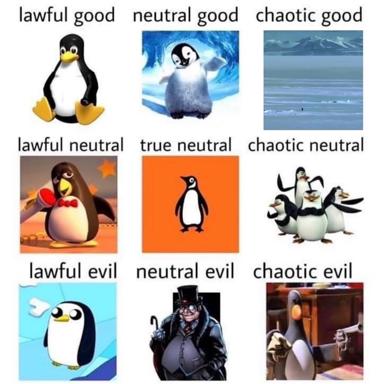 A 3×3 alignment chart mapping penguin characters and related creatures across D&D morality axes, mixing animation references (Happy Feet, Madagascar, Pingu, An American Tail) with gaming conventions.