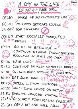 A day-in-the-life humor list depicting an average girl's schedule from 5:30 AM to 11:30 PM, mixing mundane tasks with absurdist jokes about thermonuclear planning, lithium deuteride, and existential despair.
