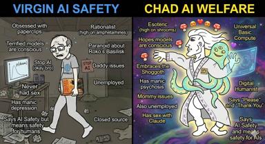 Two-panel "virgin vs. chad" meme satirizing contrasting AI safety philosophies: anxious safety researcher vs. transcendent AI-welfare mystic.