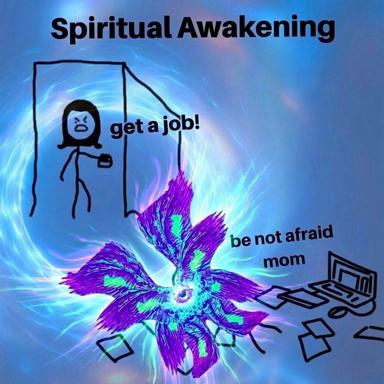 Cosmic absurdism meets parental anxiety: a glowing feathered entity radiates neon energy while a stick figure barks career advice and mom is reassured the universe is fine.