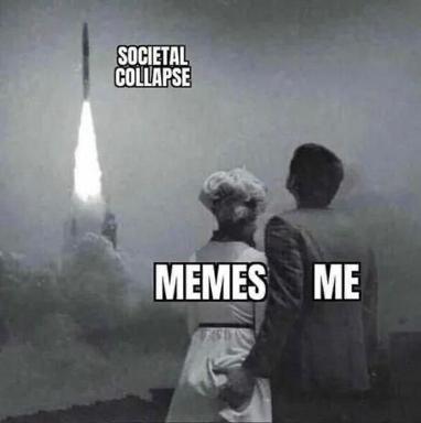 Two figures watch a rocket launch; labels reframe the scene as crisis (rocket), distraction (memes), and apathy (me) — a commentary on millennial coping strategies.