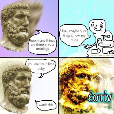 Classical philosopher interrogates a stick-figure about ontology; neither is impressed with the other's answer.