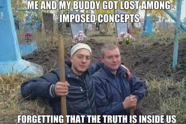 Two teenagers in a cemetery, bewildered mid-adventure, captioned about getting lost among abstract philosophical concepts.