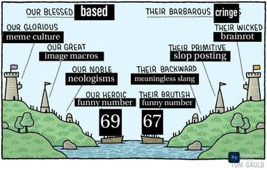 Two medieval kingdoms separated by water, each boasting their internet culture while dismissing their rivals' as inferior—a two-sided meme mockery of online tribal gatekeeping.