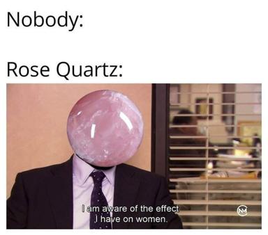 A man's head replaced by rose quartz crystal monologues on his effects, riffing on Don Draper and New Age stereotypes.