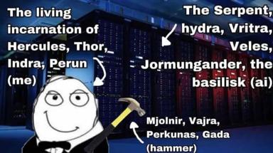 Surreal meme conflating Harry Potter's basilisk with Norse and Hindu mythological creatures, mapping them onto a smiling cartoon protagonist claiming mythological godhood.