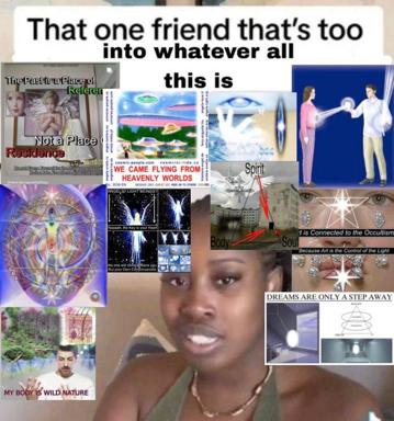 A densely collaged moodboard about spiritual awakening and cosmic consciousness, layering mystical iconography (sacred geometry, chakras, angels, UFOs), occultist symbolism (all-seeing eye, pyramids), and affirmation captions over a portrait of a woman.