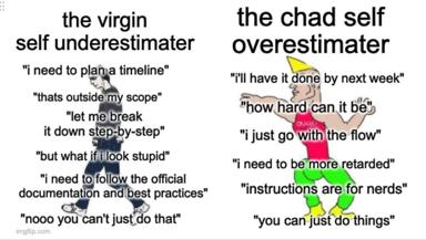 Two-panel virgin-vs-chad meme comparing the anxious self-doubter against the overconfident risk-taker.