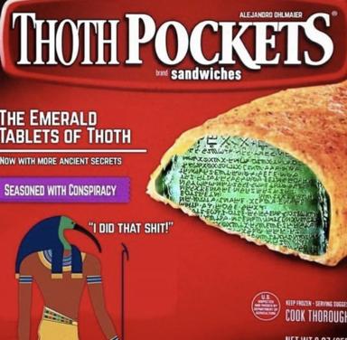 A fake Thoth Pockets sandwich box (parody product packaging) featuring the Emerald Tablets as lime-green filling, with a shock-reacting Thoth deity and esoteric texts embedded in the sandwich.