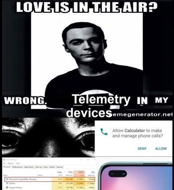 Tech paranoia meme: "love is in the air? Wrong. Telemetry in my devices" — stacked iOS permission dialog, browser task manager, and gradient smartphone.