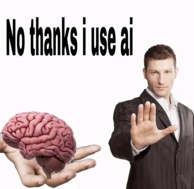 A businessman refuses an AI brain, a visual rejection of artificial intelligence capabilities.