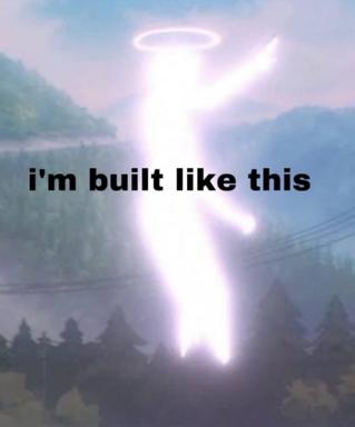 An angelic figure with a halo and glowing wings descends into a misty mountain valley; text reads "i'm built like this." Absurdist meme pairing divine imagery with casual self-acceptance.