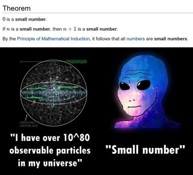 A mathematical humor meme: a fake proof that all numbers are small by induction, juxtaposed with a vaporwave cosmic entity marveling that 10^80 particles is "small"—an absurdist joke about scale and infinity.