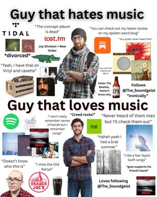 A comparison meme contrasting two music listener archetypes: a pretentious "guy that hates music" obsessed with rare formats and elitist gatekeeping, vs. a genuine "guy that loves music" who listens openly to everything and supports artists.