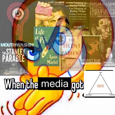 Screaming classical sculpture mouth buried under a collage of unreliable-narrator book and film covers, with "When the media got [blank]" text — a satirical visual essay on media obsession with narrative trickery.