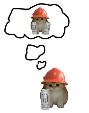 Owl construction worker contemplates the mathematics of Monster Energy consumption through thought bubbles