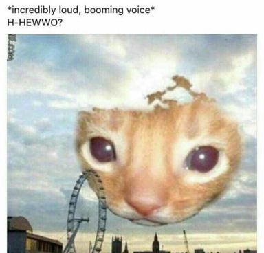 Giant floating cat head with wide eyes hovers over London; "incredibly loud, booming voice" greeting