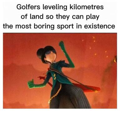 Animated character wielding golf club against burning landscape — satirical environmental critique of the sport