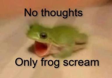 A distressed pale green tree frog mid-scream against a soft blur. The meme's mantra: "No thoughts / Only frog scream" — pure chaotic mood.